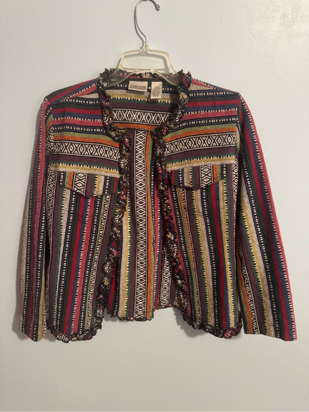 Chico's - Multicolor Striped Fringe Jacket with Red, Green, Yellow, Black